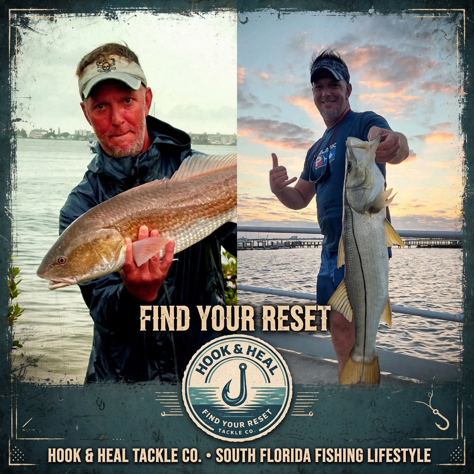 Captain OS founder on the water holding a redfish and a snook at sunset