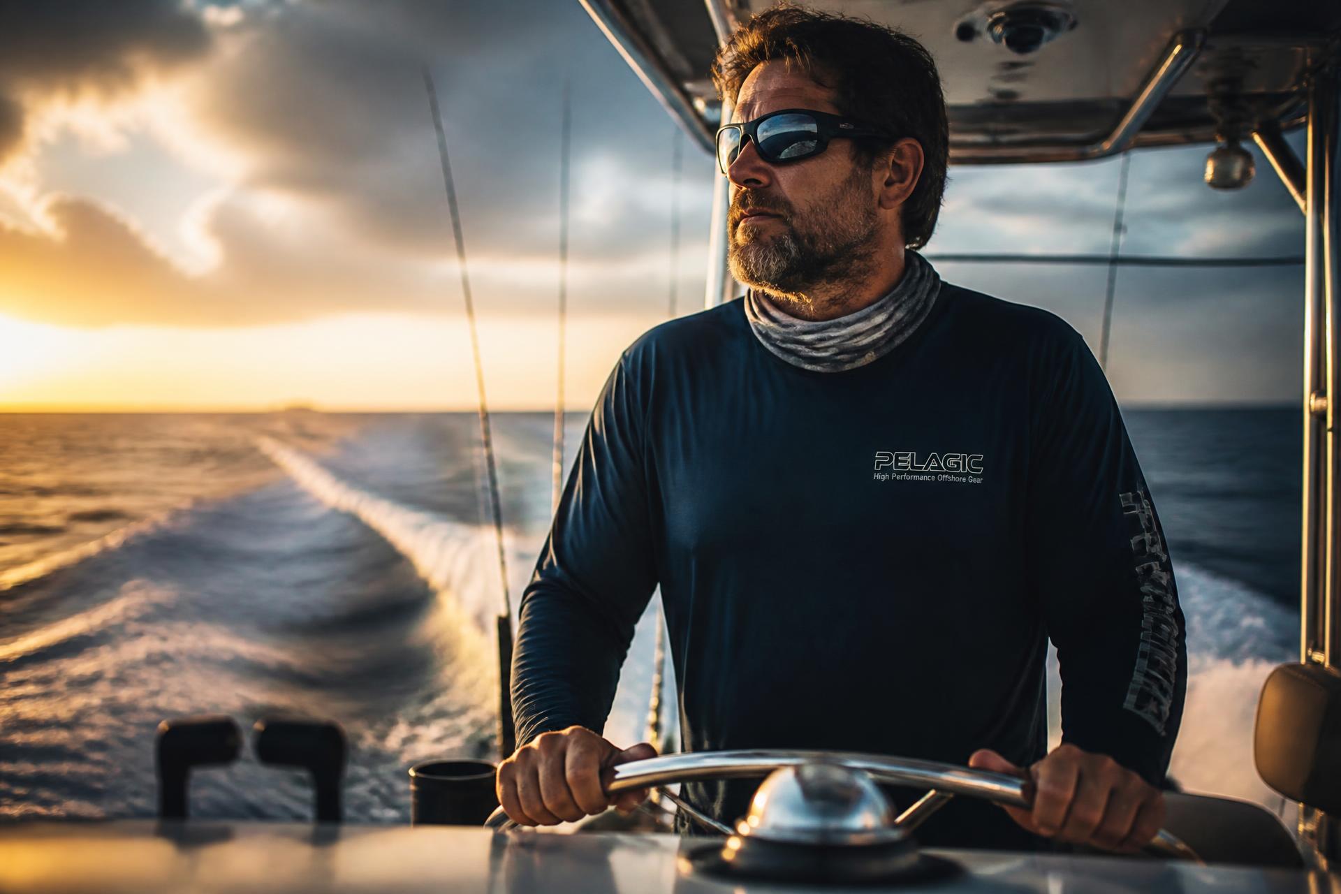 Charter captain steering a sportfishing boat at sunrise